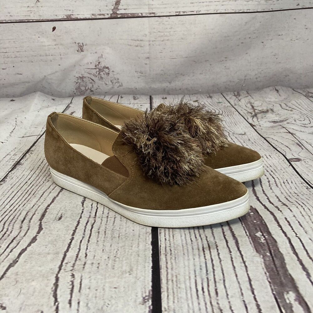 All Black Shoes Womens 38EU 7US Brown Suede Pointed Toe Pompom Sneakers